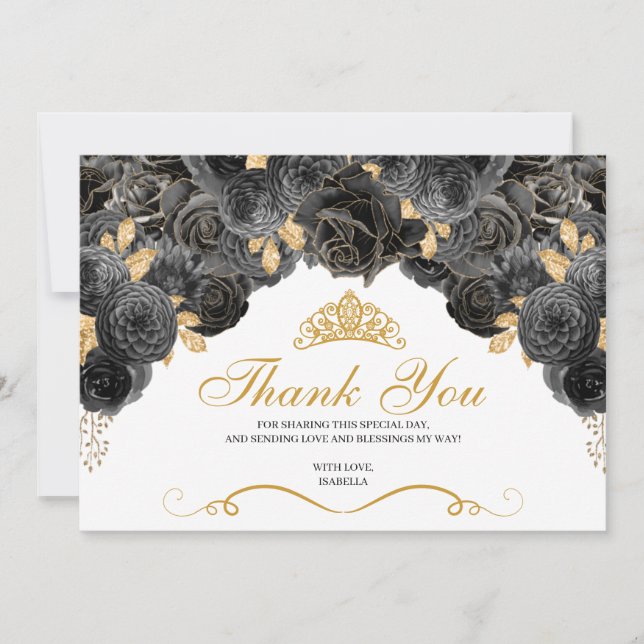 Black and Gold Floral Quinceanera Thank You  (Front)