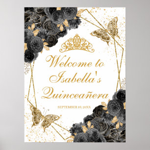 Black and Gold Floral Quinceanera Welcome Sign