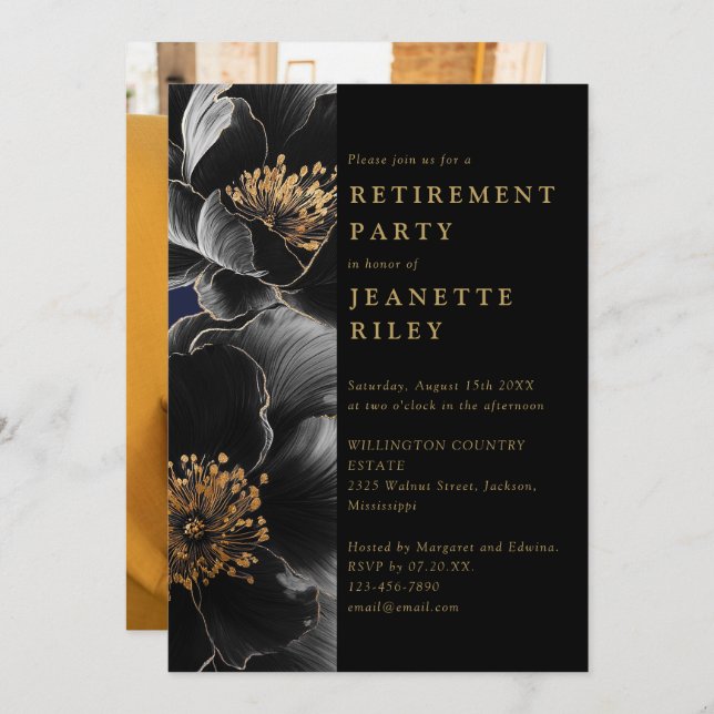 Black And Gold Floral Retirement Party Photo Invitation (Front/Back)