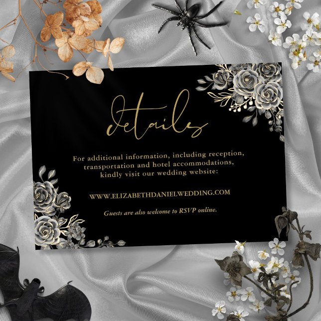 Black And Gold Floral Roses Gothic Wedding Details Enclosure Card (Black And Gold Floral Roses Gothic Wedding Details Enclosure Card)
