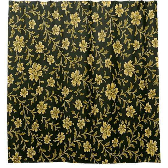 Black and Gold Floral  Shower Curtain (Front)
