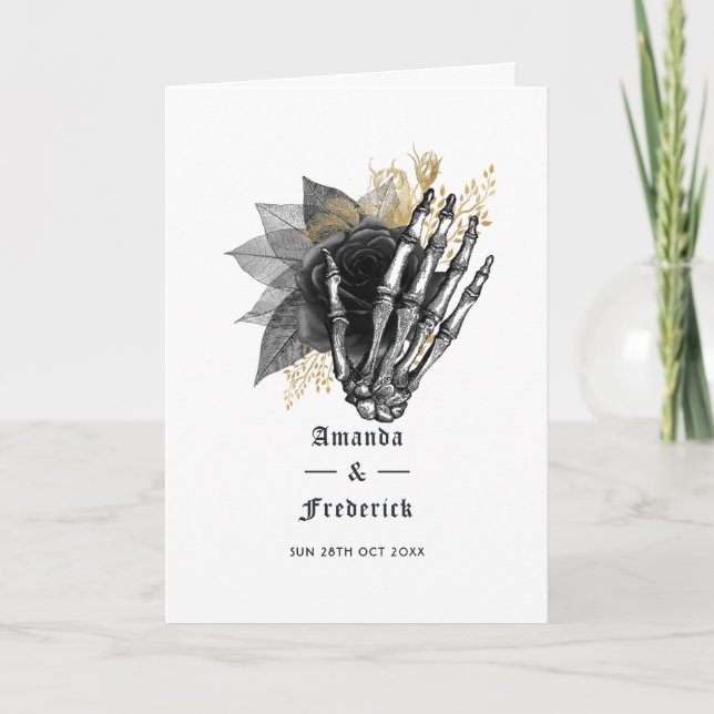 Black and Gold Floral Skeleton Gothic Wedding Programme (Front)
