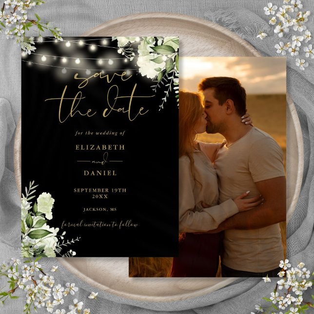 Black And Gold Floral String Lights Photo Wedding Save The Date (Black And Gold Floral String Lights Photo Wedding Save The Date)