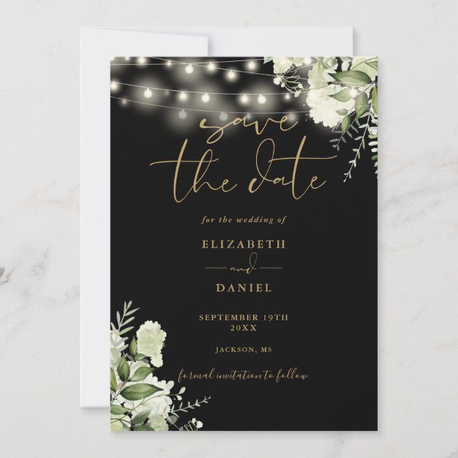 Black And Gold Floral String Lights Photo Wedding Save The Date (Front)