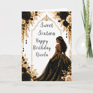 Black and Gold Floral Sweet Sixteen Party Card