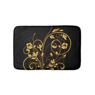 Black And Gold Floral Swirl Bath Mat