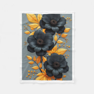Black and Gold Floral Throw Fleece Blanket