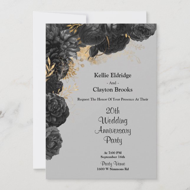 Black And Gold Floral Wedding Anniversary Party Invitation (Front)