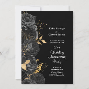 Black And Gold Floral Wedding Anniversary Party Invitation