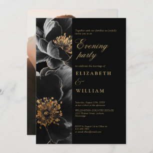 Black And Gold Floral Wedding Evening Party Photo Invitation