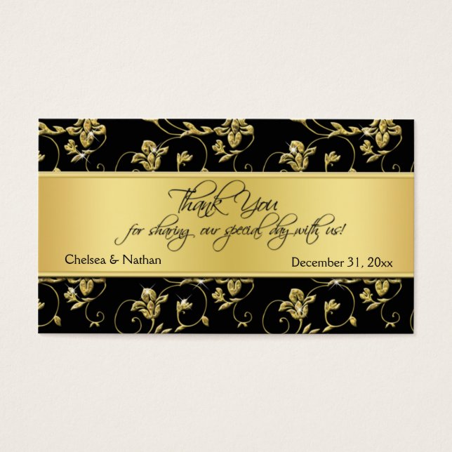 Black and Gold Floral Wedding Favour Tag (Front)
