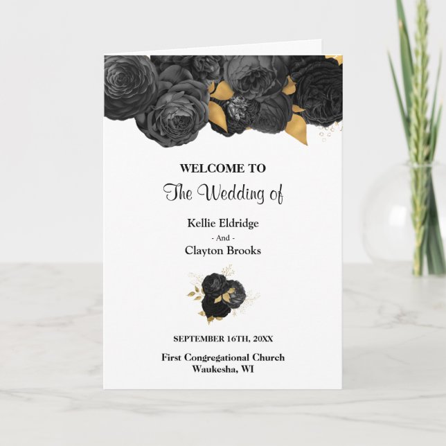 Black And Gold Floral Wedding Folded Programme (Front)
