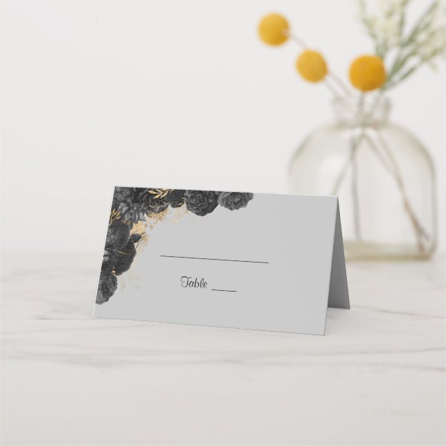 Black And Gold Floral Wedding Guest Name Place Card (Front)