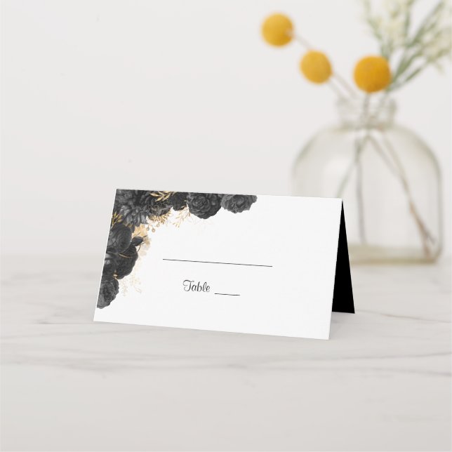 Black And Gold Floral Wedding Guest Name Place Card (Front)