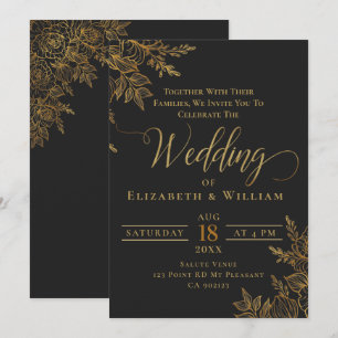 Black and Gold floral wedding Invitation