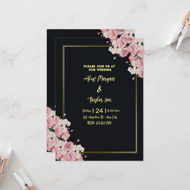 Black and gold floral wedding invitation (Front/Back In Situ)
