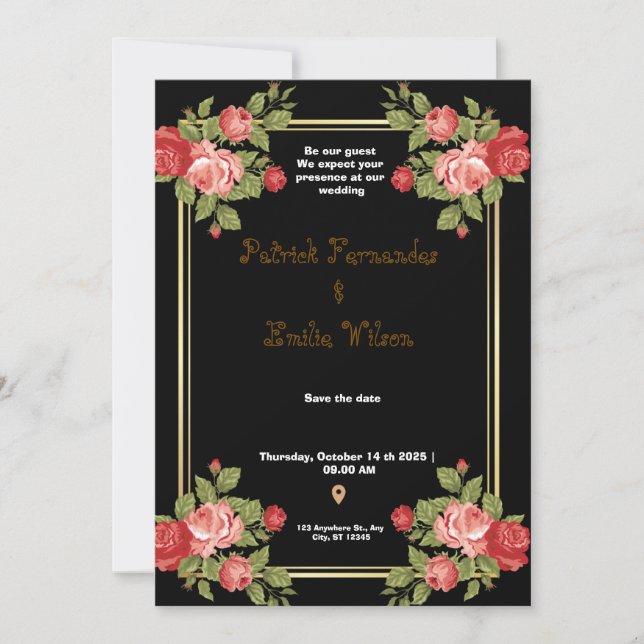  Black and Gold Floral Wedding Invitation (Front)