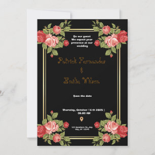 Black and Gold Floral Wedding Invitation