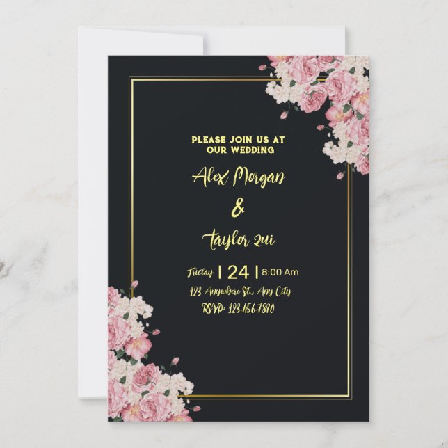 Black and gold floral wedding invitation (Front)