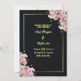 Black and gold floral wedding invitation