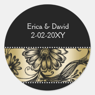 Black and Gold floral wedding invitations Classic Round Sticker