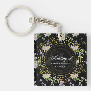 Black and Gold Floral, Wedding  Key Ring