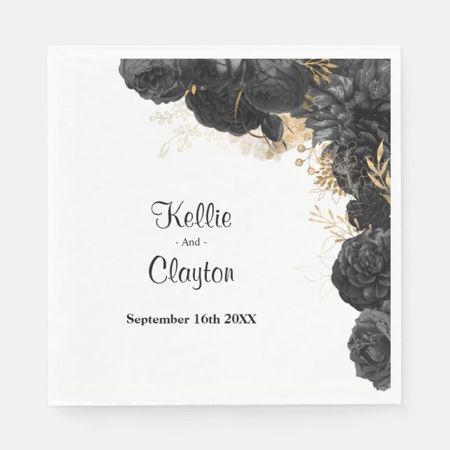 Black And Gold Floral Wedding Napkins (Front)
