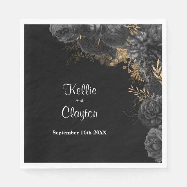 Black And Gold Floral Wedding Napkins (Front)