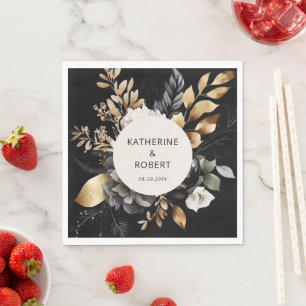 Black and Gold Floral Wedding Paper Napkin