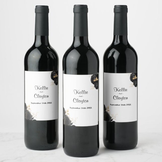 Black And Gold Floral Wedding Wine Label (Bottles)