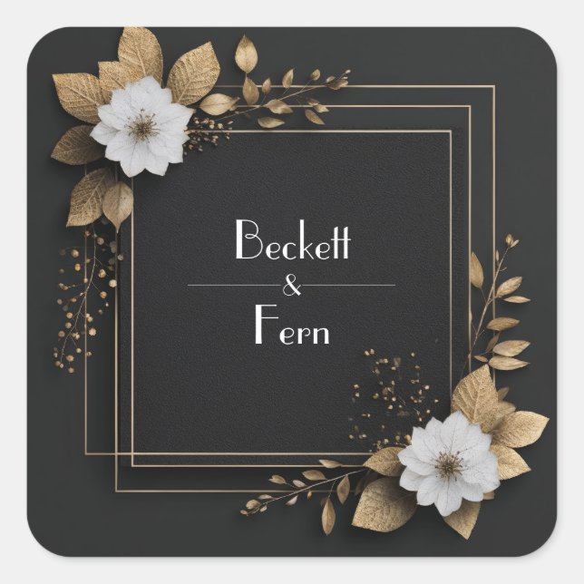 Black and Gold Floral with White Flowers Wedding  Square Sticker (Front)