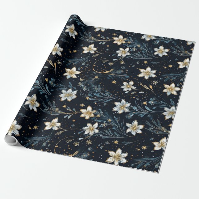 Black and Gold Floral Wrapping Paper (Unrolled)