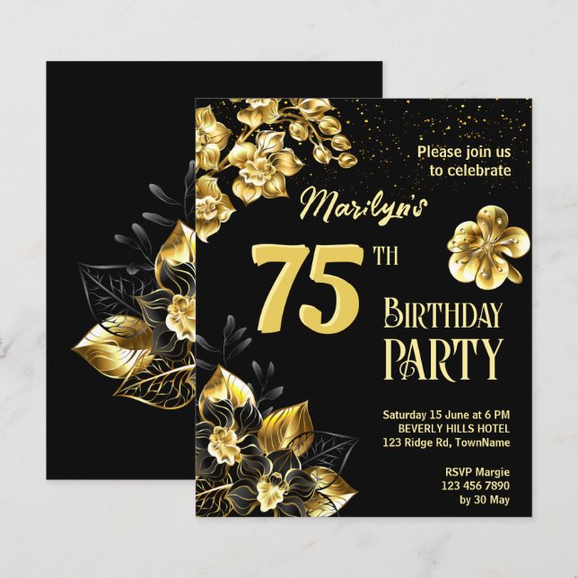 Black and gold flowers birthday budget invite (Front/Back)
