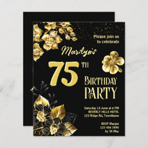 Black and gold flowers birthday budget invite