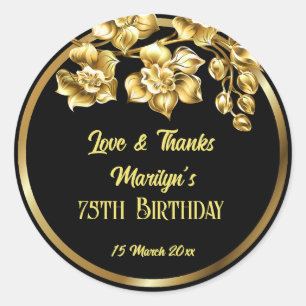 Black and gold flowers birthday party personalised classic round sticker