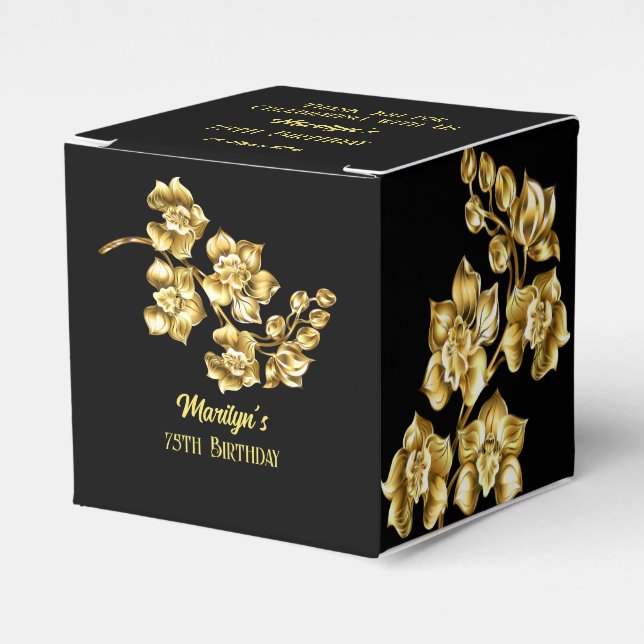 Black and gold flowers birthday party personalised favour box (Front Side)