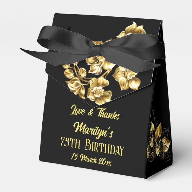 Black and gold flowers birthday party personalised favour box (Front Side)