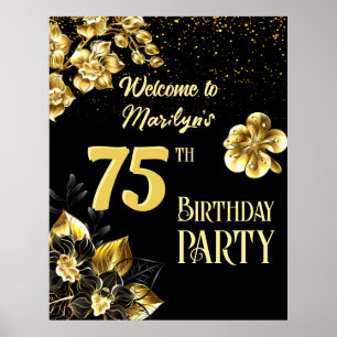 Black and gold flowers birthday party personalised poster