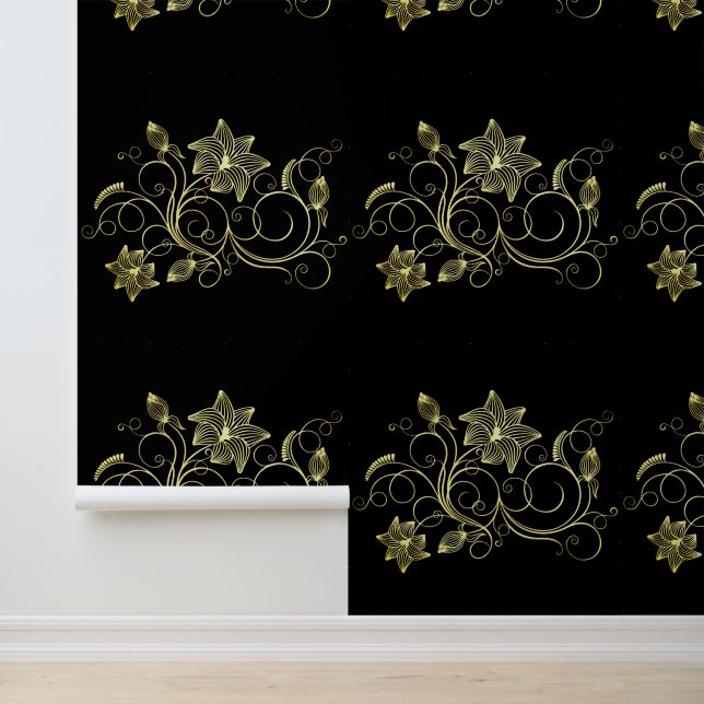 Black and Gold Flowers Ornaments Custom Colour Wallpaper (Application)