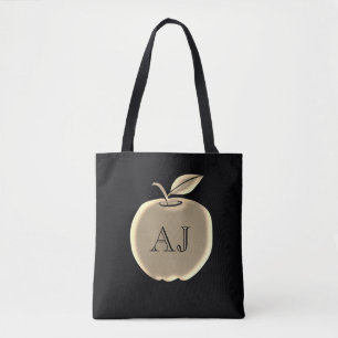 Black and Gold Foil Apple Elegant Monogram Tote Bag