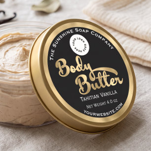 Black and gold foil body butter label with logo