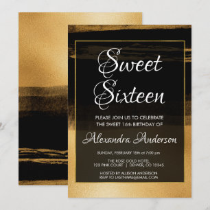 Black and Gold Foil Brush Stroke Sweet 16 Birthday Invitation