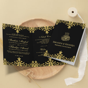 Black and Gold Foil Damask Islamic Wedding Invitation