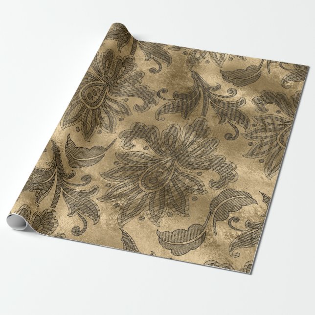 Black and Gold Foil Damask Wrapping Paper (Unrolled)
