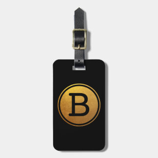 Black and Gold Foil Effect Circle Monogram Luggage Tag