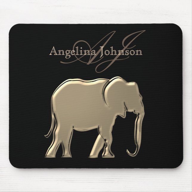 Black and Gold Foil Elephant Modern Monogram Mouse Mat (Front)