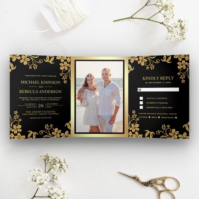 Black and Gold Foil Floral Leaves Wedding Tri-Fold Invitation (Creator Uploaded)