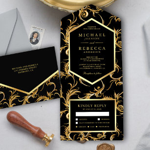 Black and Gold Foil Flourish Swirl Wedding All In One Invitation