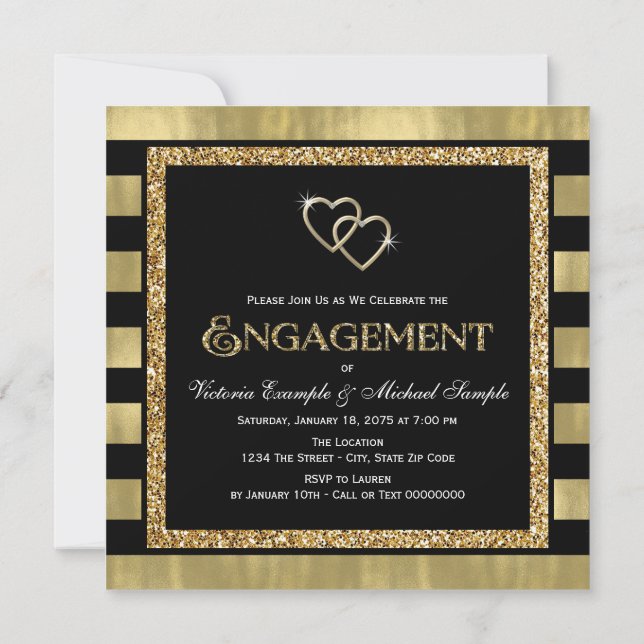 Black and Gold Foil Glitter Engagement Party Invitation (Back)