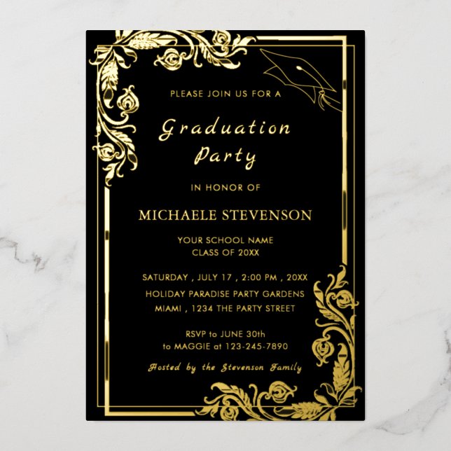 Black and Gold Foil Graduation Invitation template (Front)